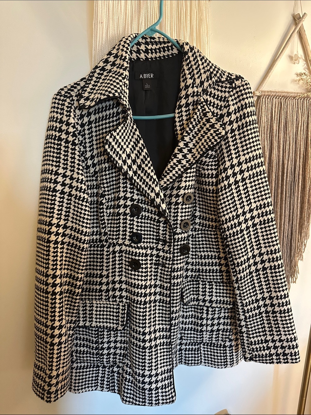 A. Byer Black & White Houndstooth Double-Breasted Pea Coat